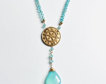 Ship Wheel Moon Phase Necklace: Aqua Chalcedony & Apatite, Bronze Medallion