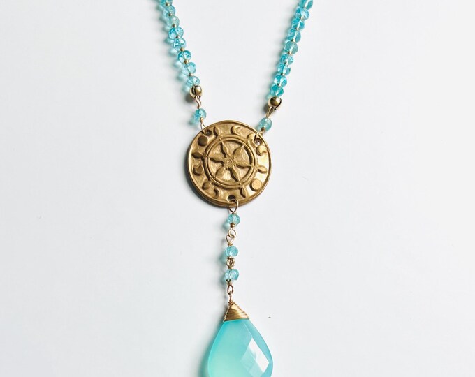 Celestial Navigator Necklace | Moon Compass Jewelry | Blue Apatite Ocean Romance | Chalcedony Y Necklace | Gold Filled Beachy Celestial