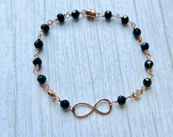 Rose Gold Infinity Bracelet: Black Spinel Beaded Bracelet with Magnetic Clasp