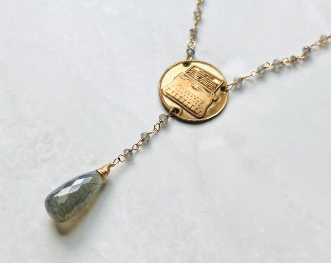 Typewriter labradorite necklace. This wax seal necklace is great for writer gifts, literary gifts or gifts for writers. Meaningful necklace