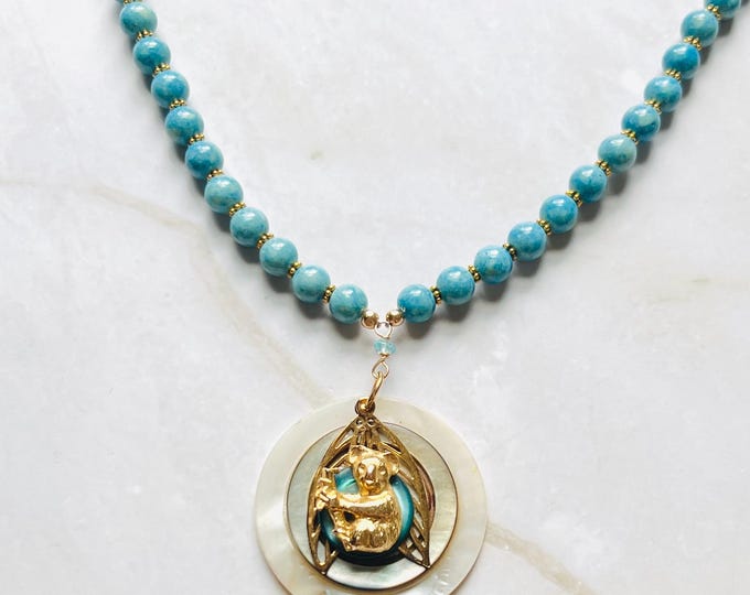 Vintage Koala Bear Button Necklace with Turquoise Beads and Crystal Beads. Perfect Animal lovers gift. Animal jewelry Vintage jewelry.