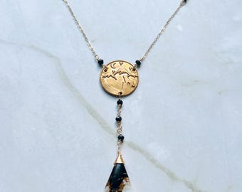 Bronze Luna Wolf Necklace: Black Copper Calcite Pendant, Gold Filled