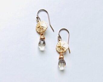 Gold Filled Sand Dollar Earrings: Smoky Quartz Beach Jewelry