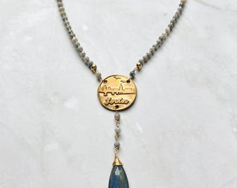Labradorite London Necklace: Bronze Medallion, Gray Quartz Beaded Chain