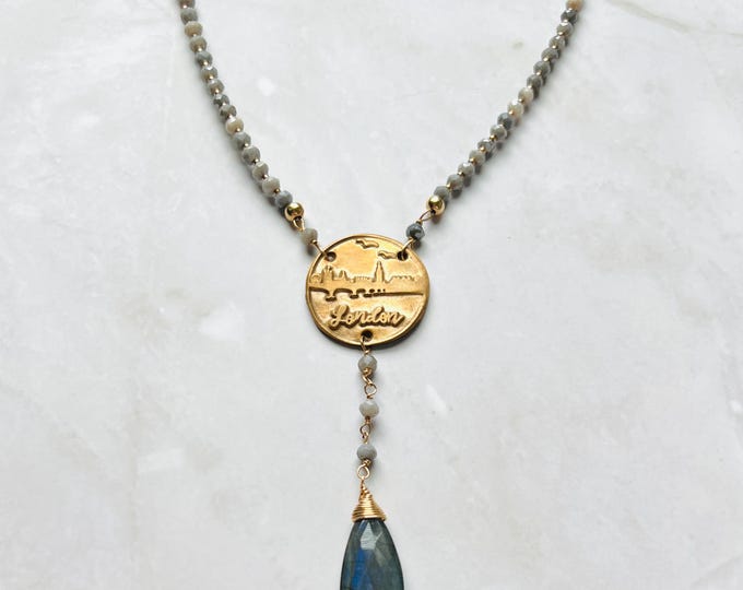 London necklace. Labradorite & gray Quartz necklace. Bronze necklace with bronze medallion. London gift or city gift or best friend gift.