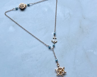 Gold Filled Nautical Anklet: Anchor & Ship Wheel Charm, Beach Jewelry