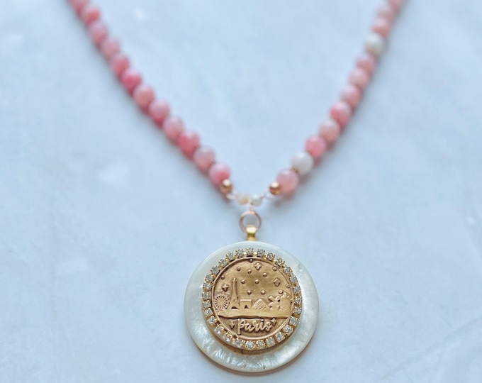 Paris eiffel tower button necklace. Button art french jewelry gifts. Made w/ pink opal beads, jade stone, & bronze paris skyline charm.