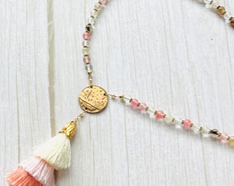 Long Paris Wax Seal Necklace | Bronze Anniversary Gift | Cherry Quartz Tassel Necklace | 19th Anniversary Jewelry Travel Romance Collection
