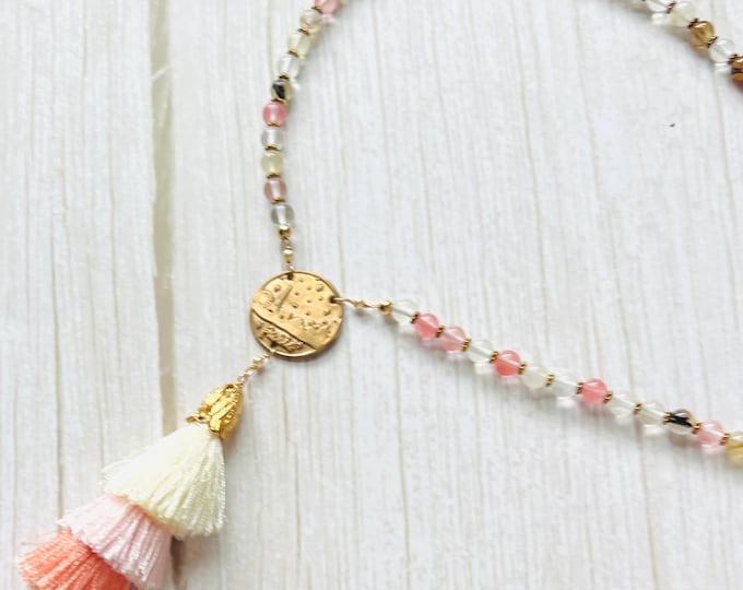 Long Paris Wax Seal Necklace | Bronze Anniversary Gift | Cherry Quartz Tassel Necklace | 19th Anniversary Jewelry Travel Romance Collection