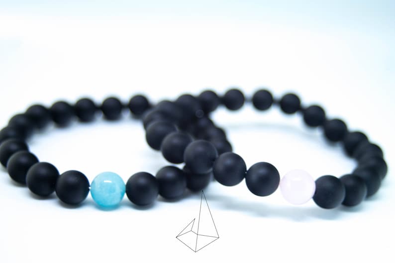 Rich Color Aquamarine Sponge and Rose Quartz Matte Black Onyx Pastel Natural Healing Stone Stretch Distance Bracelet The Pair