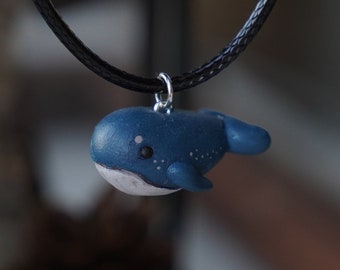 Necklace cute blue whale polymer clay pendant. Hand made jewelry. Whale charm. Ocean pendant