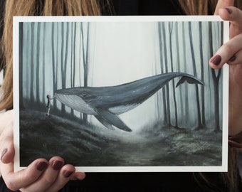 Whale oil painting art print on paper. Whale in foggy forest. Surreal wall art. Surrealism oil painting. Whale with girl. Misty forest art.