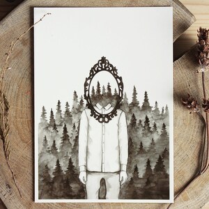 Acquerello Illustrazione grafica stampa. Opere d'arte nebbiosa foresta nebbiosa. Pittura in bianco e nero. Creepy surreale specchio faccia fantasma. Surrealismo.