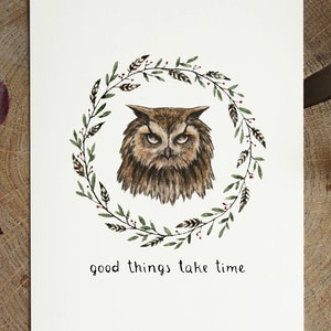 Carte de voeux. Hibou d’aquarelle et illustration florale. Citation motivationnelle. Impression d’œuvres d’art d’animaux de forêt. Peinture sauvage d’oiseau