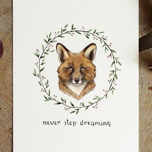 Carte de voeux imprimée renard et illustration botanique à l'aquarelle. Animaux de la forêt. Carte de citation d'inspiration de motivation. Tableau animal sauvage