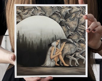 Wolf and foggy misty forest oil painting art print. Surreal woman wall art. Running flock of wolves. Surrealistic seashell painting print