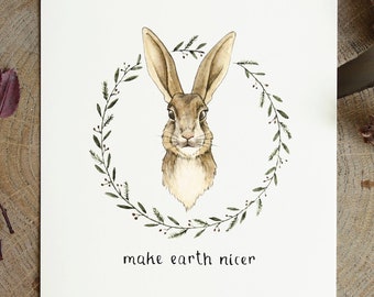 Greeting card rabbit and floral watercolor illustration. Motivational Inspirational quote. Forest animals. Bunny print. Wild animal painting