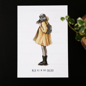 We're All In This Together Greeting Card. Pandemic Girl Gas Mask Apocalyptic Card z napisem. Yellow raincoat. Watercolor Illustration