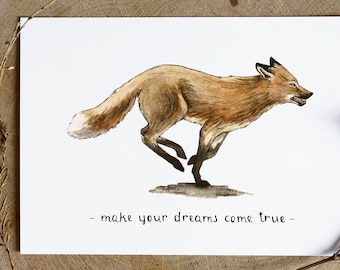 Greeting card with watercolor fox illustration artwork print. Motivational Inspirational quote. Forest animals. Running fox art print