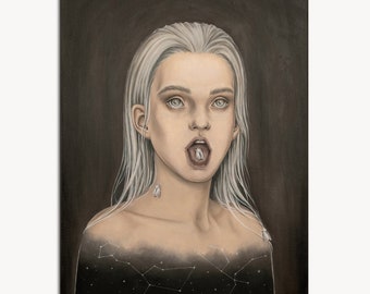 Cosmos girl with moths original oil painting. White-hair girl wall art. Dark surrealism painting. Celestial surrealistic portrait painting.