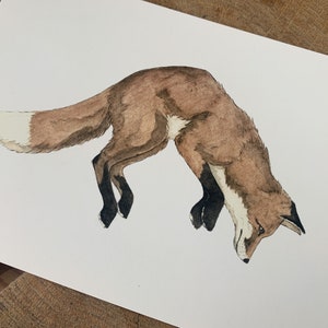 Stampa artistica di volpe ad acquerello su carta. Biglietto di auguri con volpe carina che salta. Decorazione murale con nucleo di cottage con animali della foresta