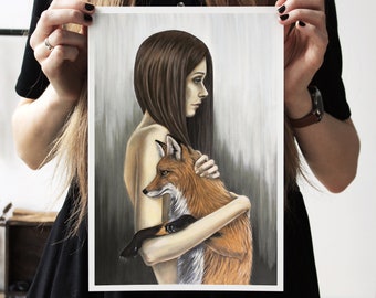 Fox art print. Fox oil painting artwork print. Woman hugs the fox art painting. Forest animals. Girl with fox. Vegan painting art print.