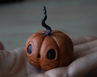 Pumpkin Jack polymer clay figurine. Halloween pumpkin miniature decoration. Realistic pumpkin. Fall autumn decoration.