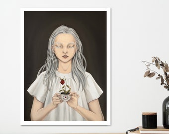 The Dead Dream. Girl with demonic cup with an eye and rose oil painting paper print. Dark art fine wall art. Wall decoration