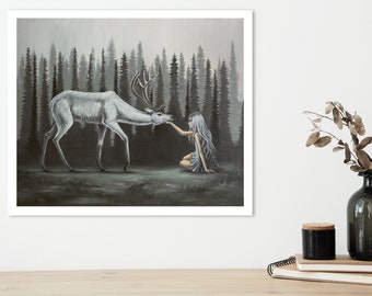 White stag in misty foggy forest landscape with albino girl oil painting art print. Fairy tale illustration. Forest animals. Deer artwork