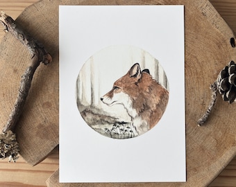 Fox in the forest watercolor Illustration print. Forest animal greeting card.