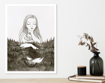 A girl with a starry sky cat in misty forest. Surrealistic watercolor art print on paper. Surrealism black and white
