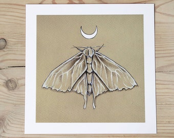 Lunar Moth paper art print. Moth and moon wall decor. Dark art. Spiritual night butterfly Illustration. Minimalist modern decoration.