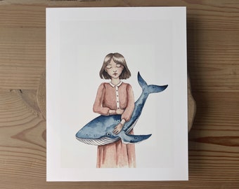 Watercolor girl with whale art print on paper. Blue whale card. Ocean animal wall art decoration