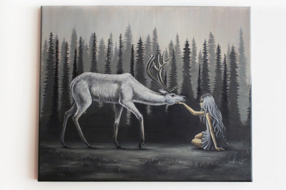 Reindeer In Foggy Misty Forest Landscape Original Oil Etsy