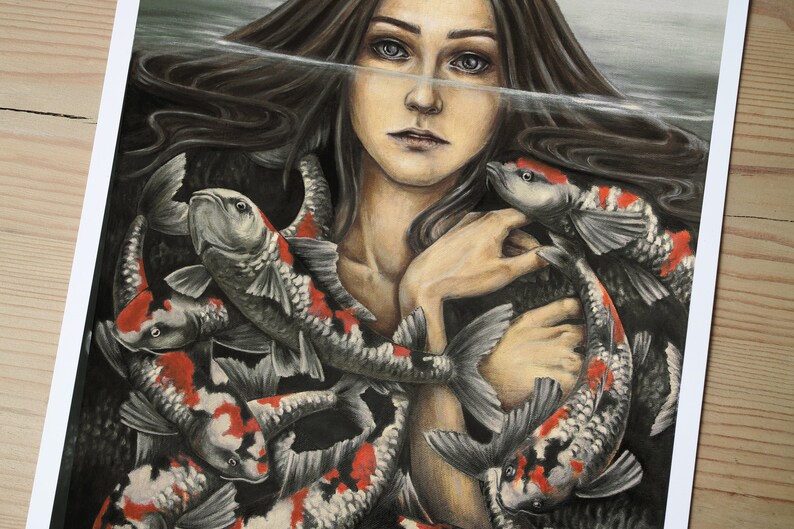 Koi Fish Oil Painting Art Print. Wall Art. Woman With Japanese Koi Carp