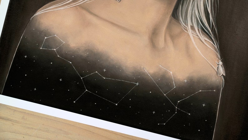 Cosmos Girl Surreal Portrait With Moths Oil Painting Paper Print. Space Wall Art. Dark Surrealism. Space Celestial Stars Artwork Wall Decor image 7