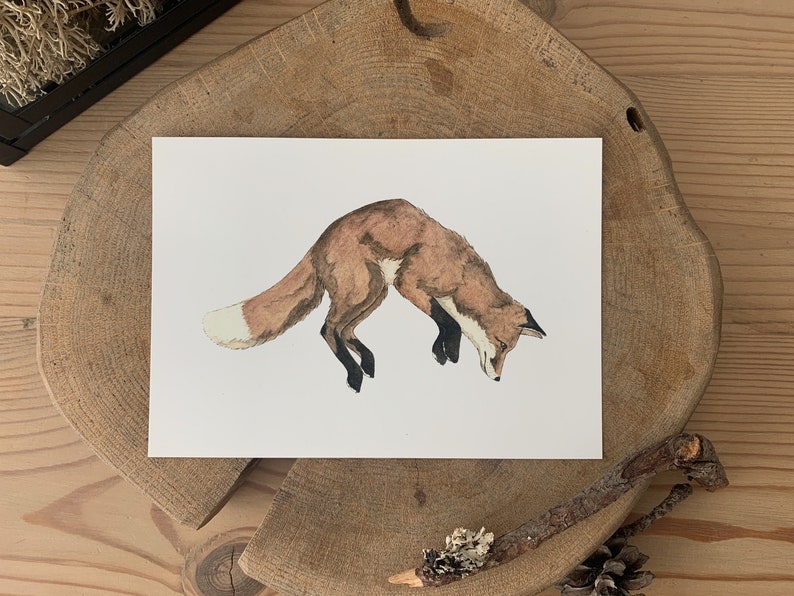 Aquarelle fox art impression sur papier. Carte de renard mignon sautant. Décoration dart mural de base de chalet danimaux forestiers image 2