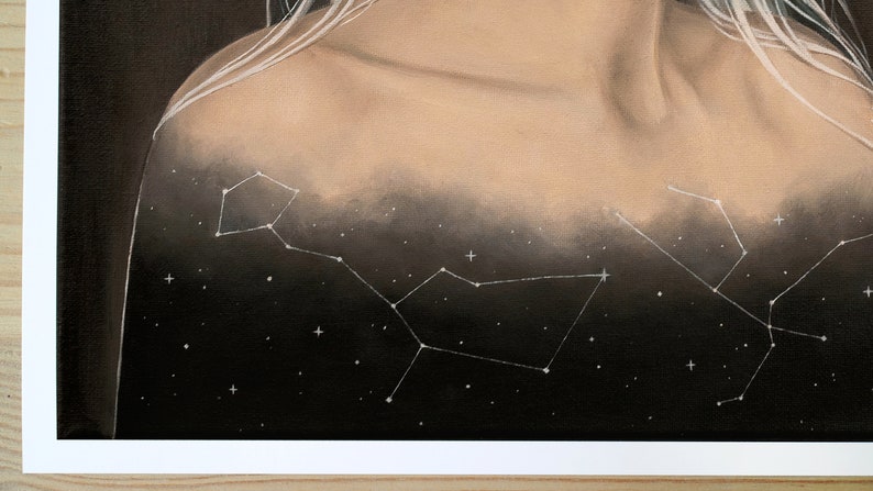 Cosmos Girl Surreal Portrait With Moths Oil Painting Paper Print. Space Wall Art. Dark Surrealism. Space Celestial Stars Artwork Wall Decor image 4
