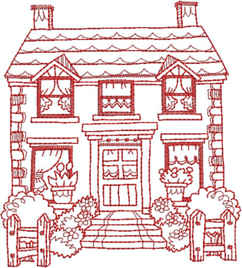 House Home Machine Filled Embroidery Linework Redwork Etsy