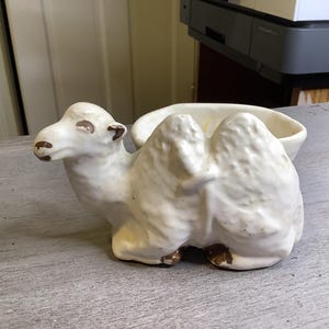 Puede incluir: Macetero de cerámica blanca con forma de camello y detalles en esmalte marrón. El macetero es una pieza decorativa para la decoración del hogar.