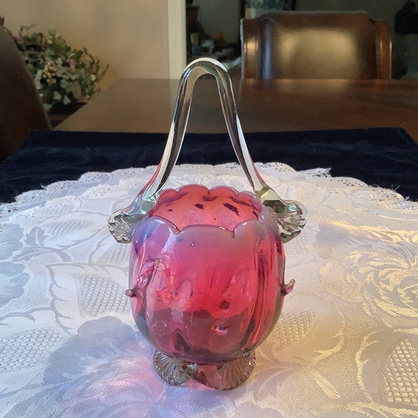 Hand blown thorn Vase Blossom basket form handled cranberry Opalescent