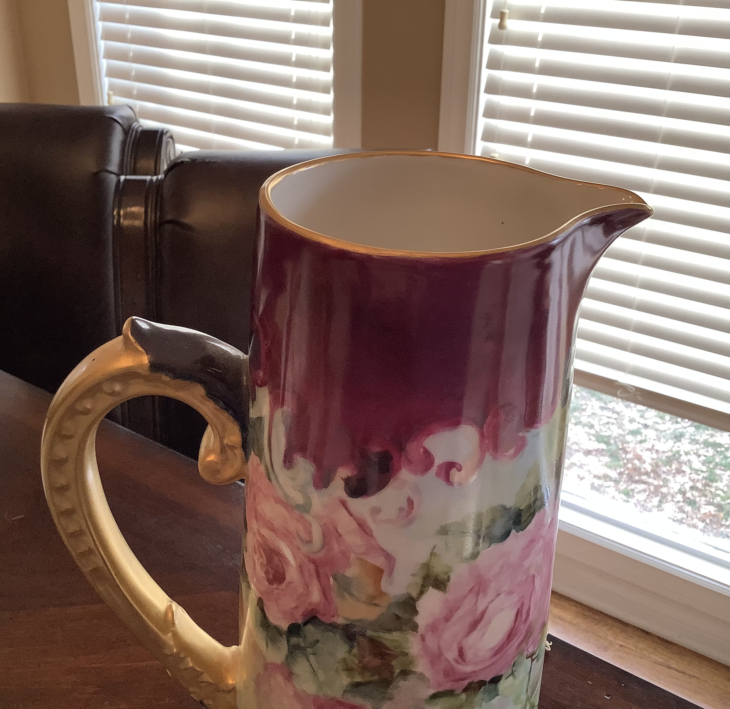 D & C Limoges Tankard France 13.75 X 8 Inches Roses Gold Trim
