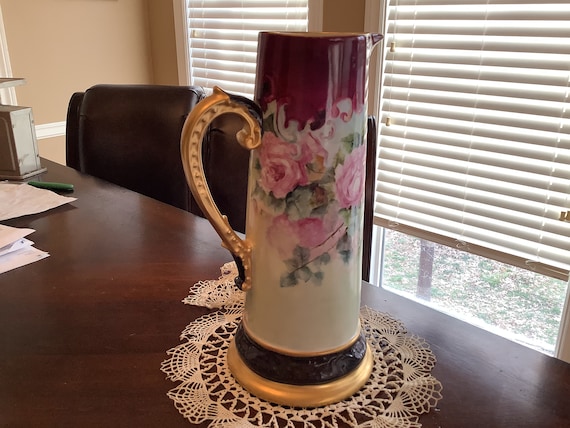 D & C Limoges Tankard France 13.75 X 8 Inches Roses Gold Trim