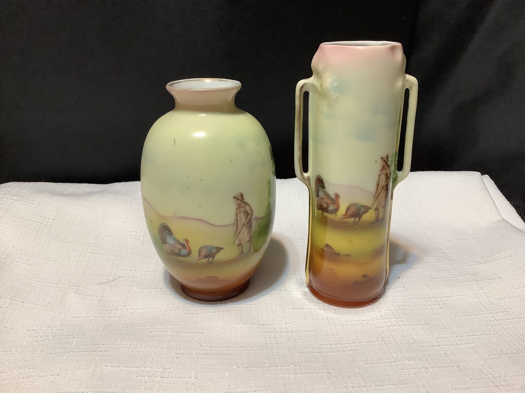 Royal Bayreuth Bavaria Vases Two Turkeys W Farmer Boy, One Handled Etsy