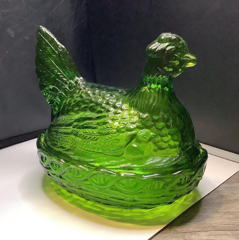 Green Glass Hen on Nest Covered Box Chicken Dish for Candy Poss L E ...