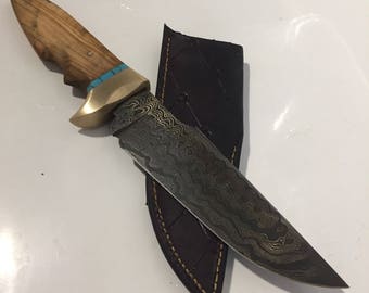 Damascus hidden tang Bowie knife