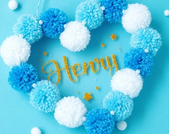 Pompom Heart Wall Hanging - Nursery Name Sign For Boy - Custom Name Door Hanger - Door Wreath - Housewarming Gift - Home Decor - Wall Art