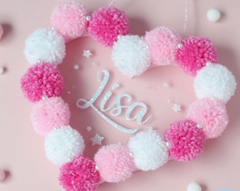 Pompom Heart Wall Hanging - Nursery Name Sign For Girl - Custom Name Door Hanger - Door Wreath - Housewarming Gift - Home Decor - Wall Art