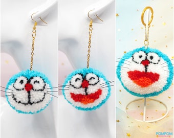 Pompom Doraemon - Pompom Earrings - Pompom Keychain - Doraemon Keychain - Gift For Her