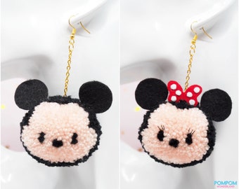 Pompom Mickey & Minnie Mouse -  Pompom Earrings - Pompom Keychain - Mickey Keychain - Gift For Her - Tsum Tsum